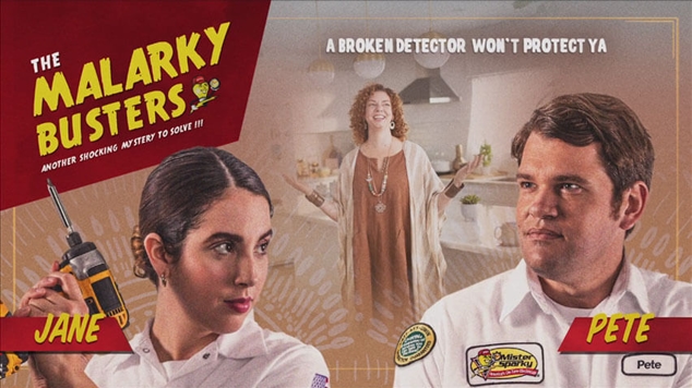 The Malarky Busters commercial poster with electricians Jane & Pete